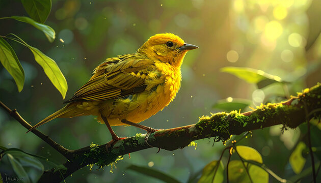 Vibrant yellow bird perched on a mossy branch in lush forest sunlight