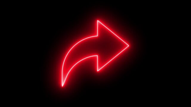 Red neon glowing arrow sign pulsing on black background, for digital interface, and ui light