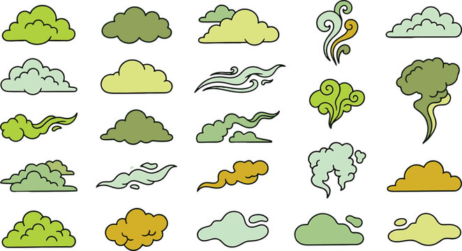 Set of hand drawn green and yellow smoke clouds and vapor puffs in flat vector illustration style
