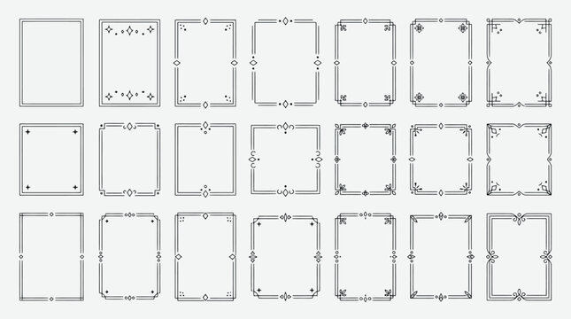 Minimalist geometric border set, 21 decorative line frames for elegant invitations, black thin line vector borders for certificate design