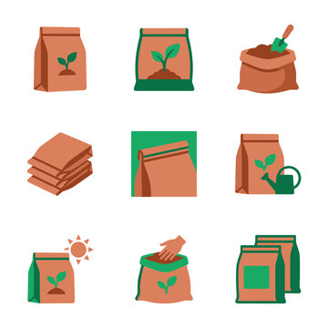 Pixel art icon set of gardening soil fertilizer bags, planting supplies, horticultural maintenance, agriculture farming