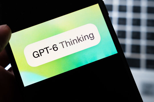 Warsaw, Poland - July 26, 2026: GPT-6 Thinking label displayed on smartphone screen against green gradient background representing next generation AI model