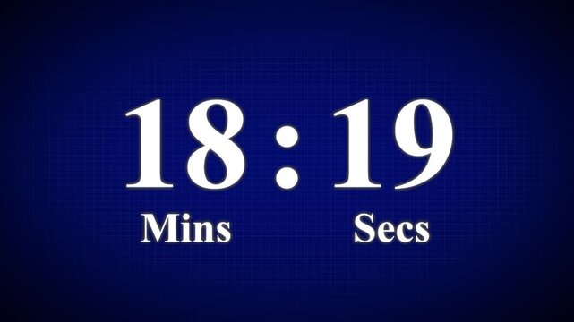 20 minute countdown timer animation, isolated on a blue and grid background. 1 minutes countdown timer animation, 4k High quality video.