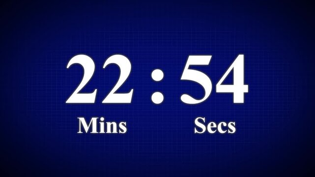 25 minute countdown timer animation, isolated on a blue and grid background. 1 minutes countdown timer animation, 4k High quality video.