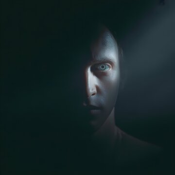Retrato dram&aacute;tico de hombre en la oscuridad con luz parcial en el rostro e iluminaci&oacute;n misteriosa