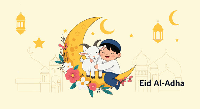 Islamic Eid Al-Adha greeting card with cute boy hugging a sacrifice goat on a floral decorated crescent moon.