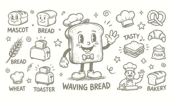 Retro white bread slice cartoon mascot characters set with bakery doodles vector illustration
