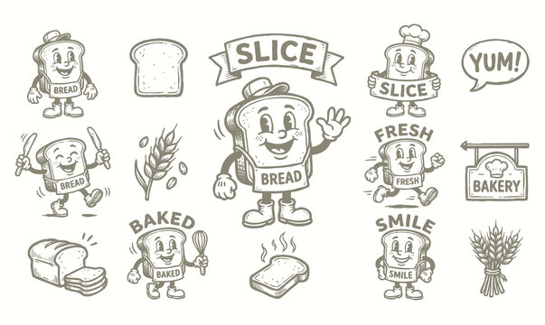 Retro white bread slice cartoon mascot characters set with bakery doodles vector illustration