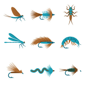 set of assorted fishing flies and artificial insect lures for fly fishing, vector icons for sport and outdoor recreation