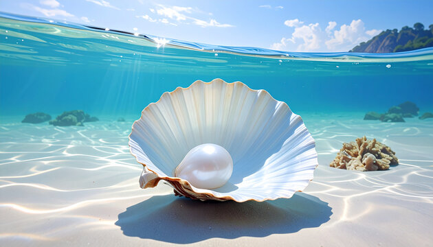 Underwater treasure: Oyster shell with pearl on sandy seabed sunlight