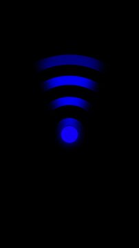 Blue neon wireless wifi signal icon with fading pulse arcs. Internet network connection symbol for telecommunications. Animated hotspot graphics on black background.