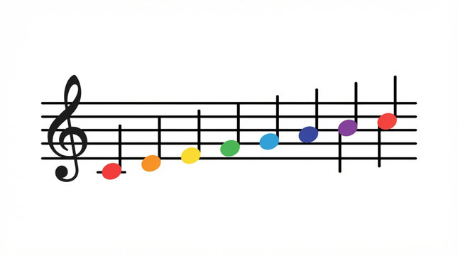 C major scale on musical staff. Colorful music notes representing a melodic sequence.