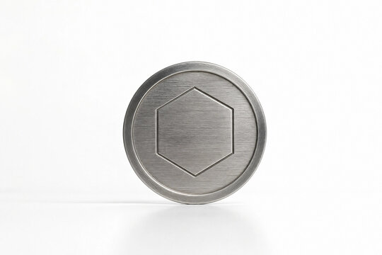 Minimalist brushed metal circular disk with an engraved hexagon symbol isolated on a clean white background
