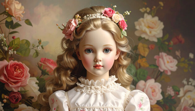 Vintage doll with flower crown in floral garden setting