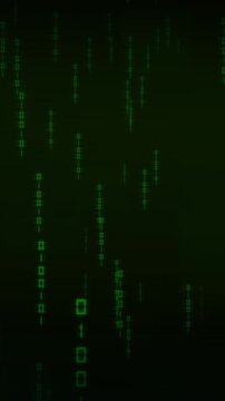 Green digital matrix code rain streaming on dark screen. Computer coding binary characters symbol for cybersecurity. Animated programming background texture.