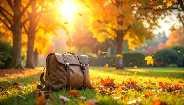 Vintage leather satchel bag rests on grass with falling autumn leaves
