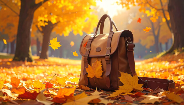 Vintage leather satchel bag on a carpet of colorful autumn leaves