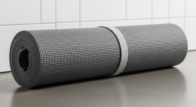 Rolled up gray yoga mat secured with a strap lying on a smooth floor.