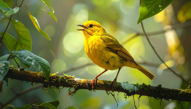 Yellow bird singing on a mossy branch in a sunlit forest