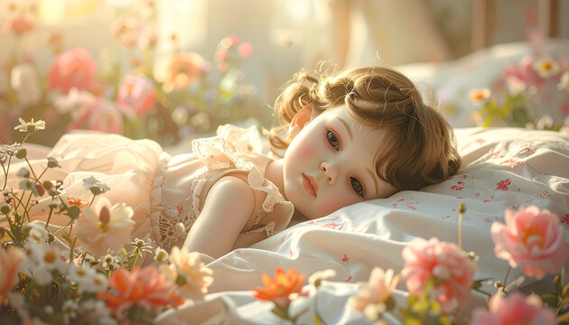 Young girl in delicate dress lying among flowers in sunlight