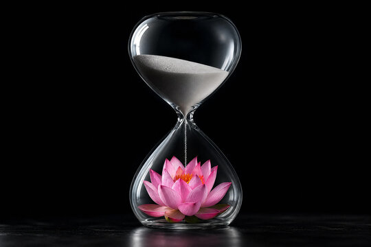 Conceptual image of a pink lotus flower inside a glass hourglass with falling sand against a black background symbolizing mindfulness and the beauty of passing time