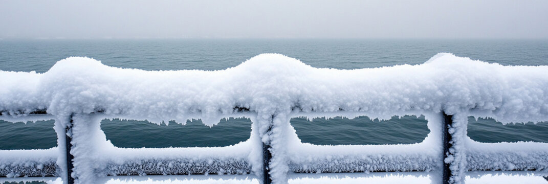 Snow covers boat railing along cold water in winter Generative AI