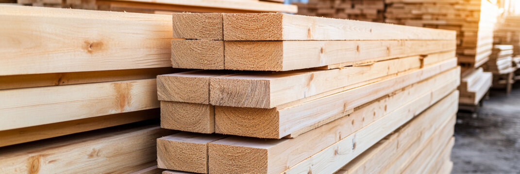 Stack of raw wooden planks in a lumberyard Generative AI