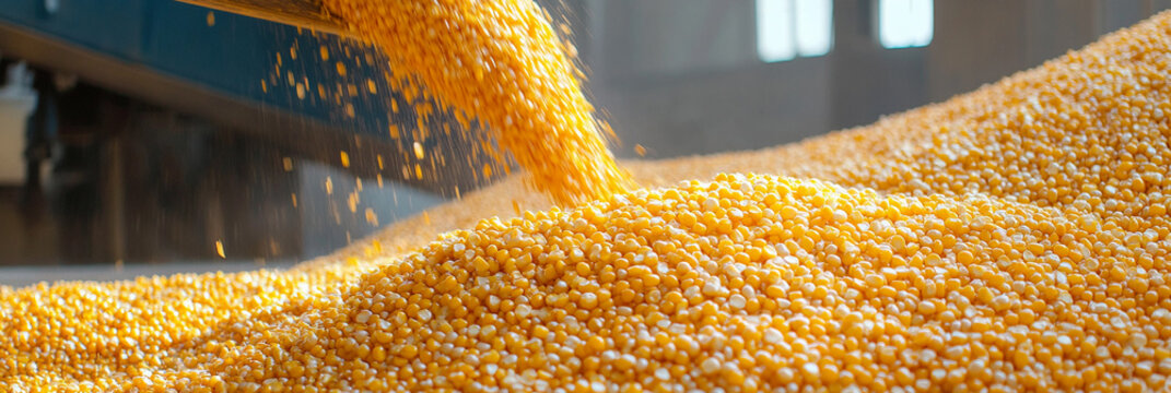 Yellow corn grain pours from conveyor at processing plant Generative AI