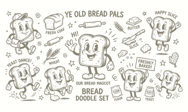 Retro white bread slice cartoon mascot characters set with bakery doodles vector illustration