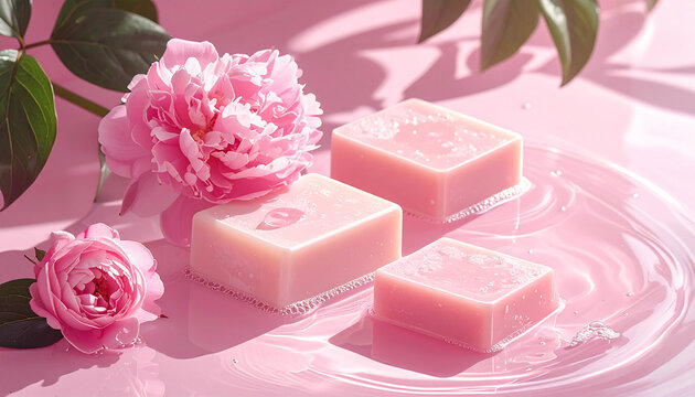 Pink soap bars with fresh peonies in water and soft light