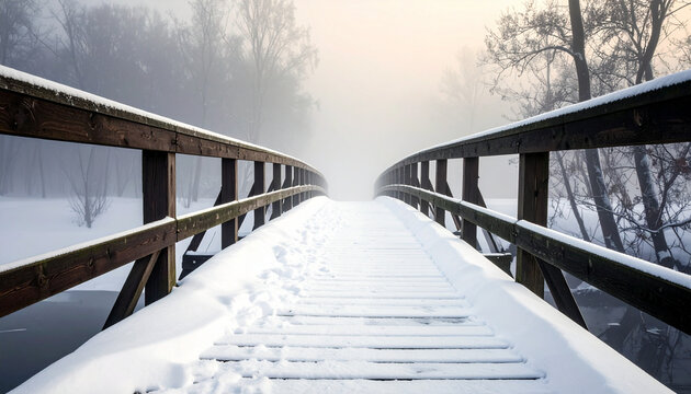 Snowy wooden bridge over water disappearing into fog and trees