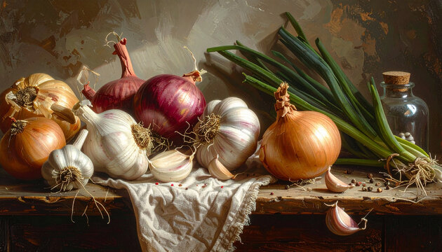 Still life with fresh garlic onions and green onions on wooden table