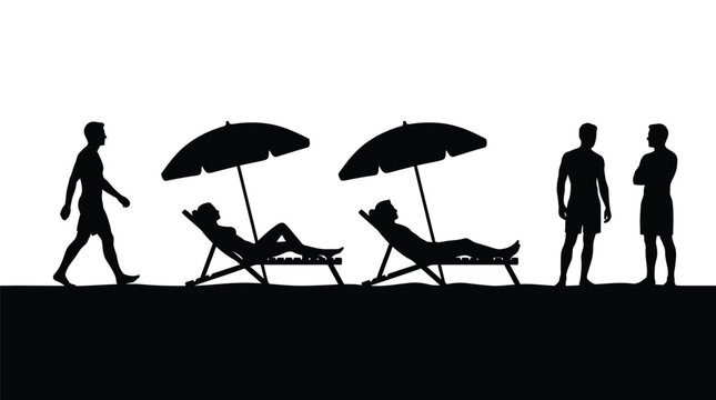Black silhouettes of people relaxing on beach chairs under umbrellas during a sunny summer day
