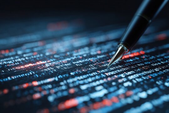 Pen pointing at digital code on dark background.