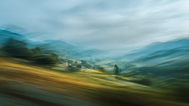 A dreamy, blurred landscape showcasing a misty mountain range with a golden field, evoking a sense of tranquility and serene natural beauty