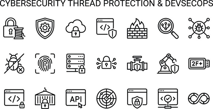 Professional vector illustration set featuring various linear icons for cybersecurity thread protection and modern devsecops software development security technology concepts