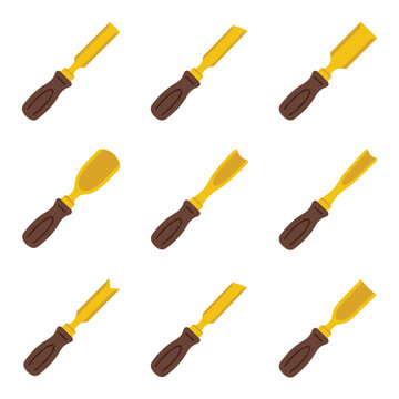 Set of nine flat icons featuring various wood chisels with brown handles and gold metal blades for carpentry and woodworking projects
