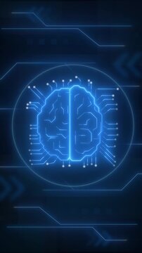 Glowing digital brain model with hardware circuit tech background. Artificial intelligence mind symbol for deep machine learning core. Animated neural loop.