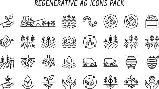 Regenerative agriculture vector icon pack featuring sustainable farming symbols like soil health plants livestock crops and eco friendly water cycles