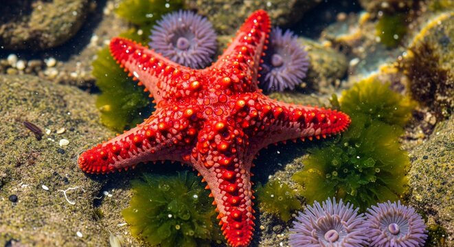 Red sea star and sea anemones on rocky ocean floor in clear water