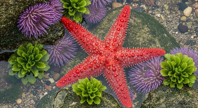 Bright red starfish and purple sea anemones in shallow tidal pool