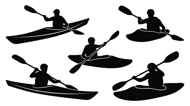 Detailed silhouettes of people paddling kayaks using oars while wearing helmets in a white background