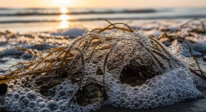 A close up of green algae and white sea foam washed up on a beach shore with the sun setting over the ocean in the background