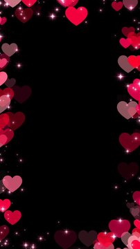 valentines day hearts and glitter stars border frame alpha channel animation, valentine and anniversary celebration romantic isolated vertical social media motion design element