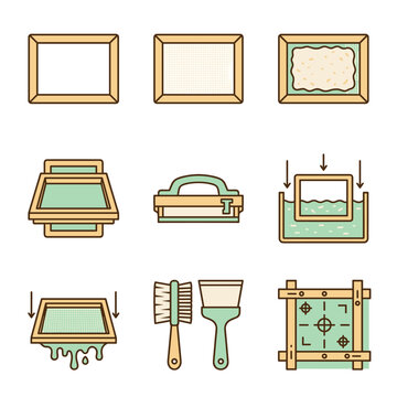 Pixel art icon set showing screen printing process, squeegee, mesh frames, ink application, textile print workflow steps