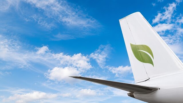 Sustainable Aviation Fuel concept represented by a green leaf emblem on the white tail of a passenger aircraft against a blue sky with scattered clouds and copy space for clean aviation messaging.