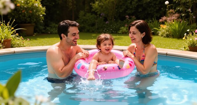 Parents and child having fun with floatie in garden swimming pool
