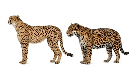 Naklejka premium Cheetah and jaguar are shown together, both facing different directions. The setting is simple with a plain white background. The two animals exhibit unique patterns on their fur