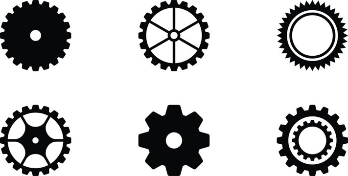Set of six different gear wheel icons in black and white style