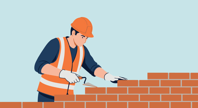 Professional bricklayer wearing a safety vest and orange hard hat carefully building a brick wall with a trowel.